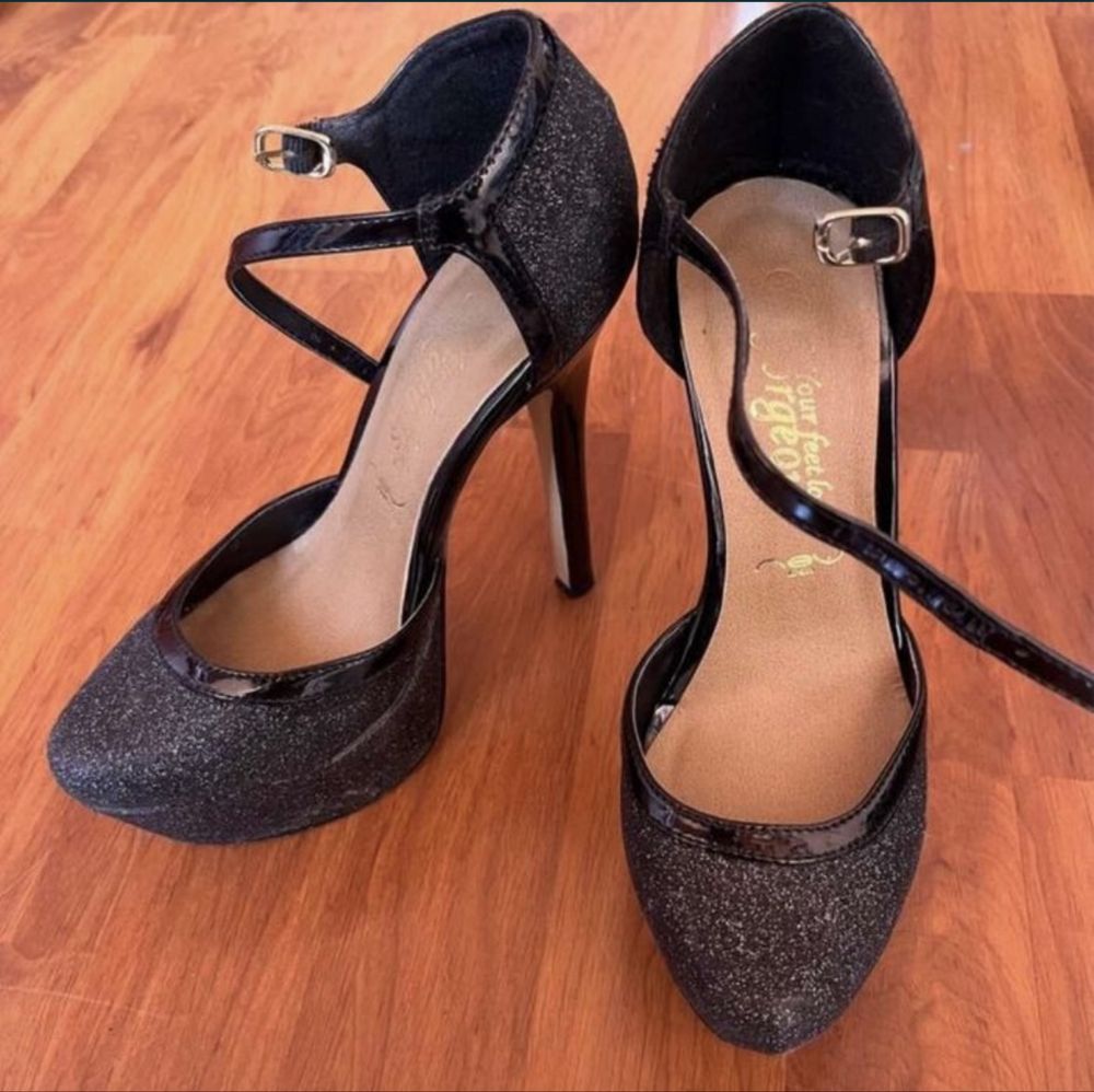Sandale Inalte cu Platforma New Look, 36, toc 13 cm, negre cu sclipici
