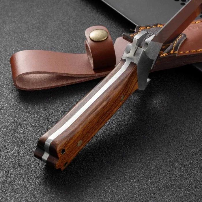 Cutit cu dublu tăiș, otel M390, maner lemn de trandafir, teaca piele