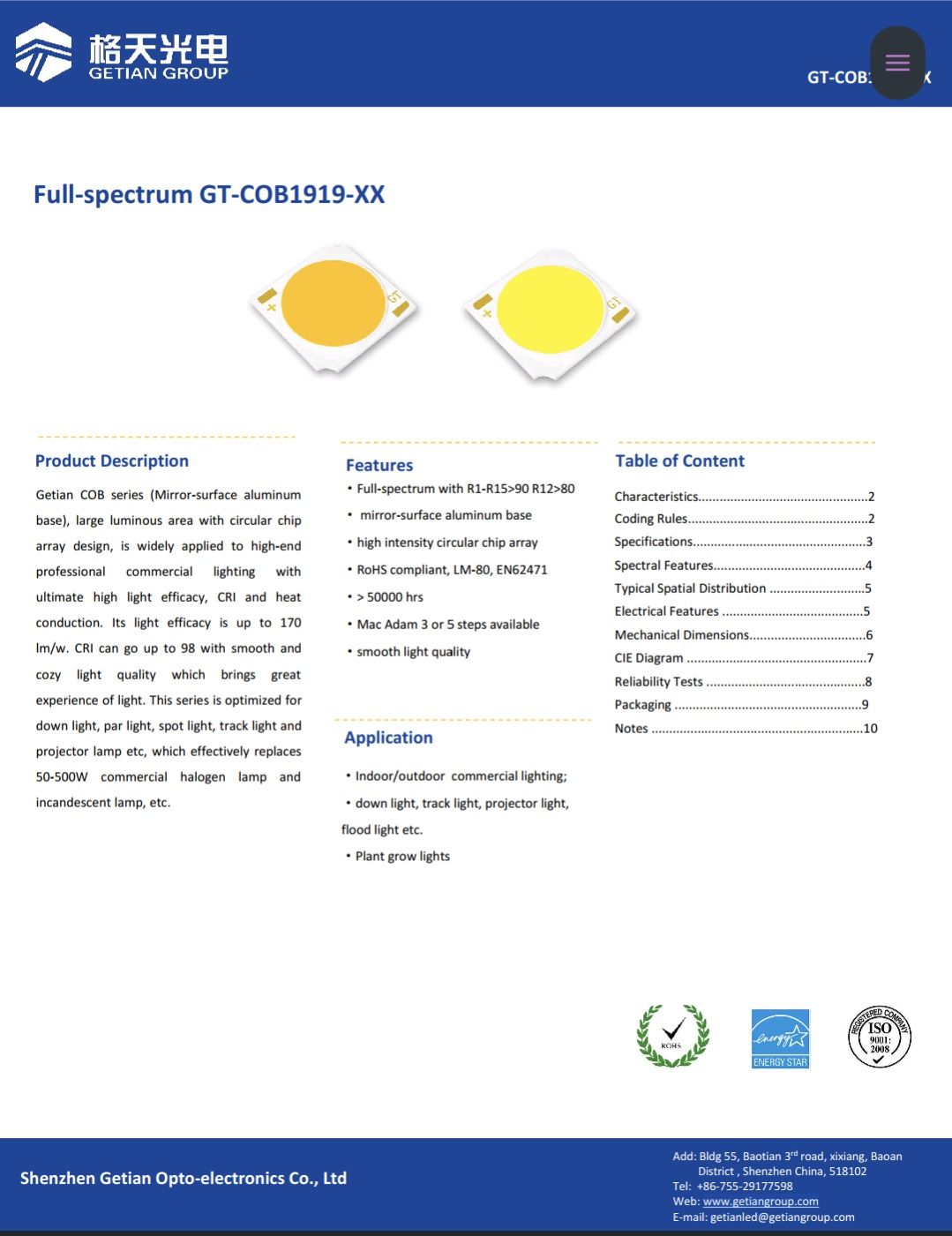COB LED матрица GT-1919 CRI97 25ватт для трековых светильников