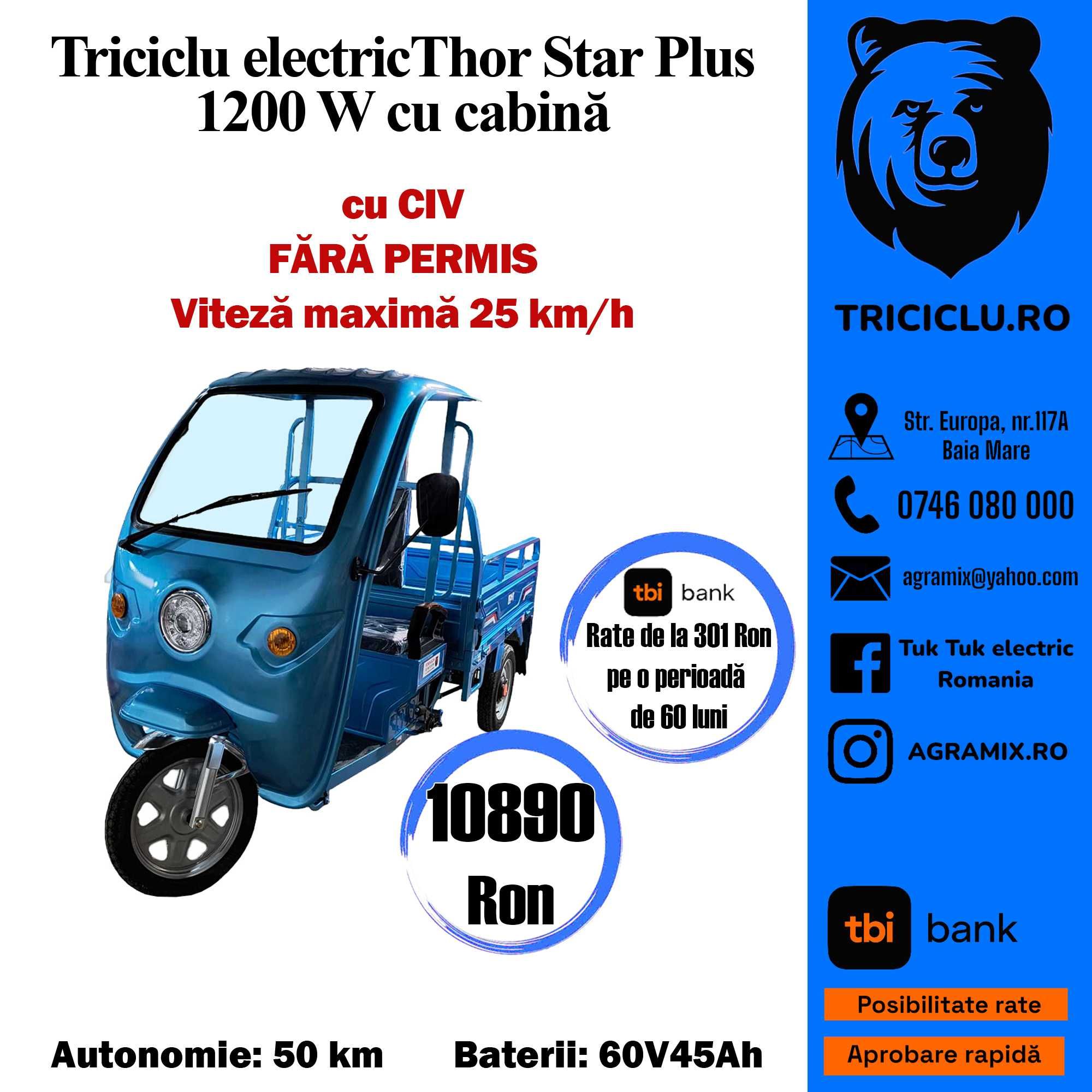 Triciclu NOU electric Thor STAR PLUS DE 1200W Agramix