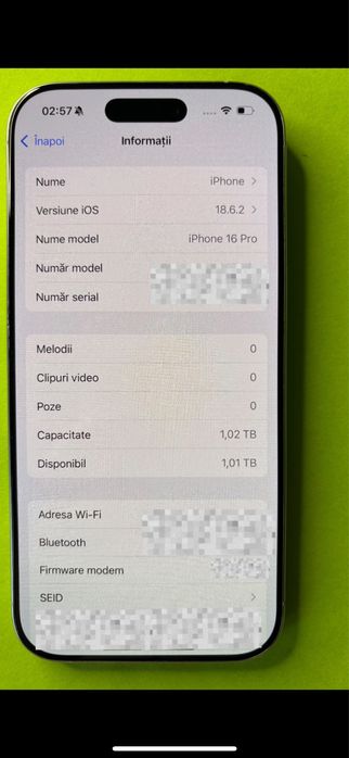 Vând iPhone 16 Pro, capacitate 1TB, culoare White Titanium