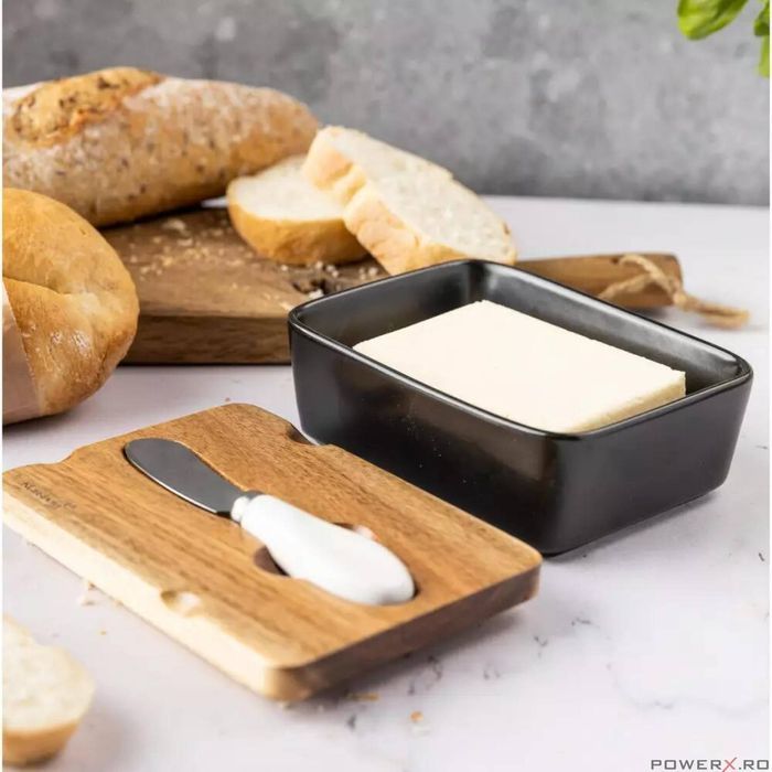 Cutie pentru unt din ceramica, untiera, neagra, cu capac din lemn de