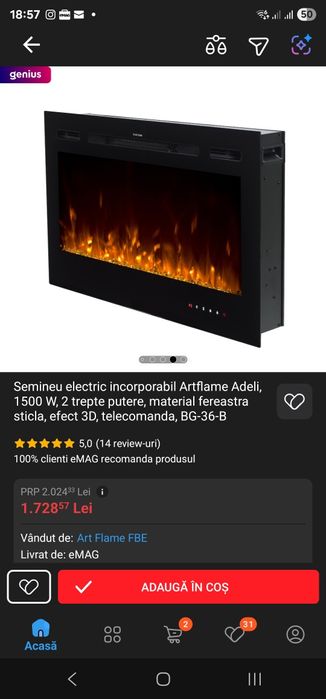 Semineu electric incorporabil Artflame Adeli, 1500 W, 2 trepte putere,