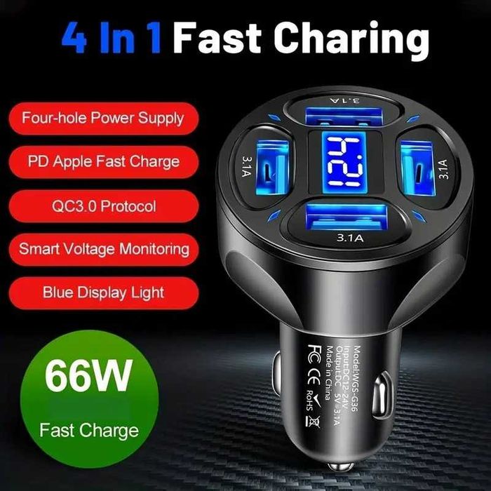 2в1 волтметър и четворно зарядно за автомобил