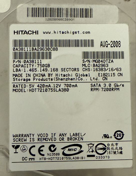 Hard disk Logic Board 750 GB Hitachi HDT721010SLA360