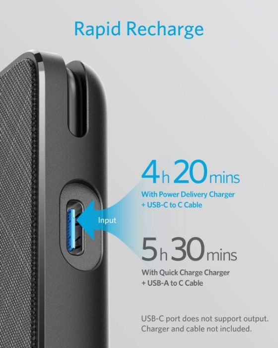 Anker PowerCore+ 10000, 18W, PD USB батерия, с интегриран кабел USB-C