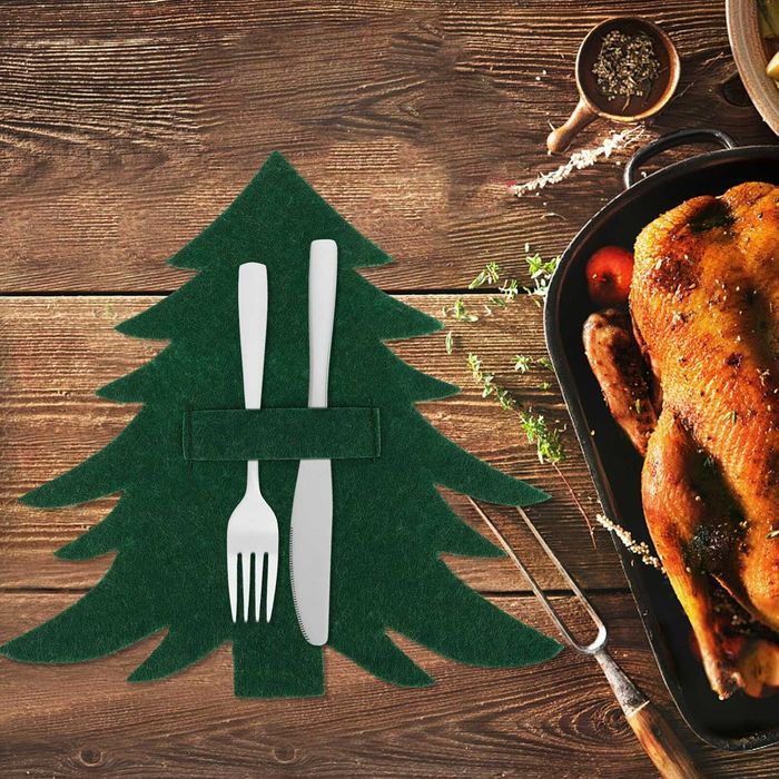 Set 12 suporturi pentru tacâmuri, model brad, din fetru, roșu & verde