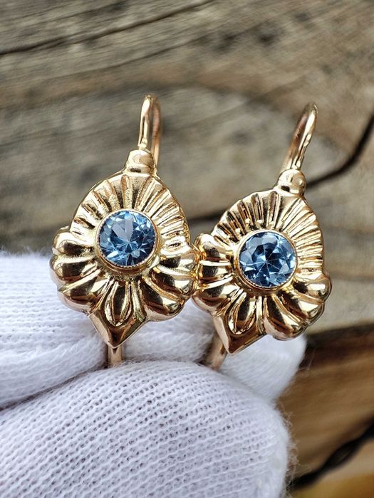 Cercei Aur 14K Ungaria Cu Topaz Albastru +