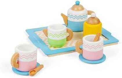 Нов Дървен комплект за чай с поднос 10 части играчка за деца 18 месеца