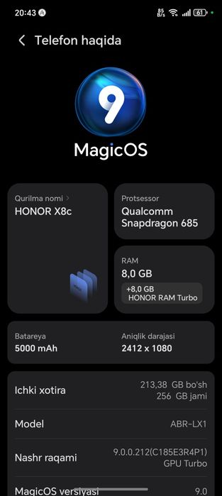 Honor X8C holati yangi