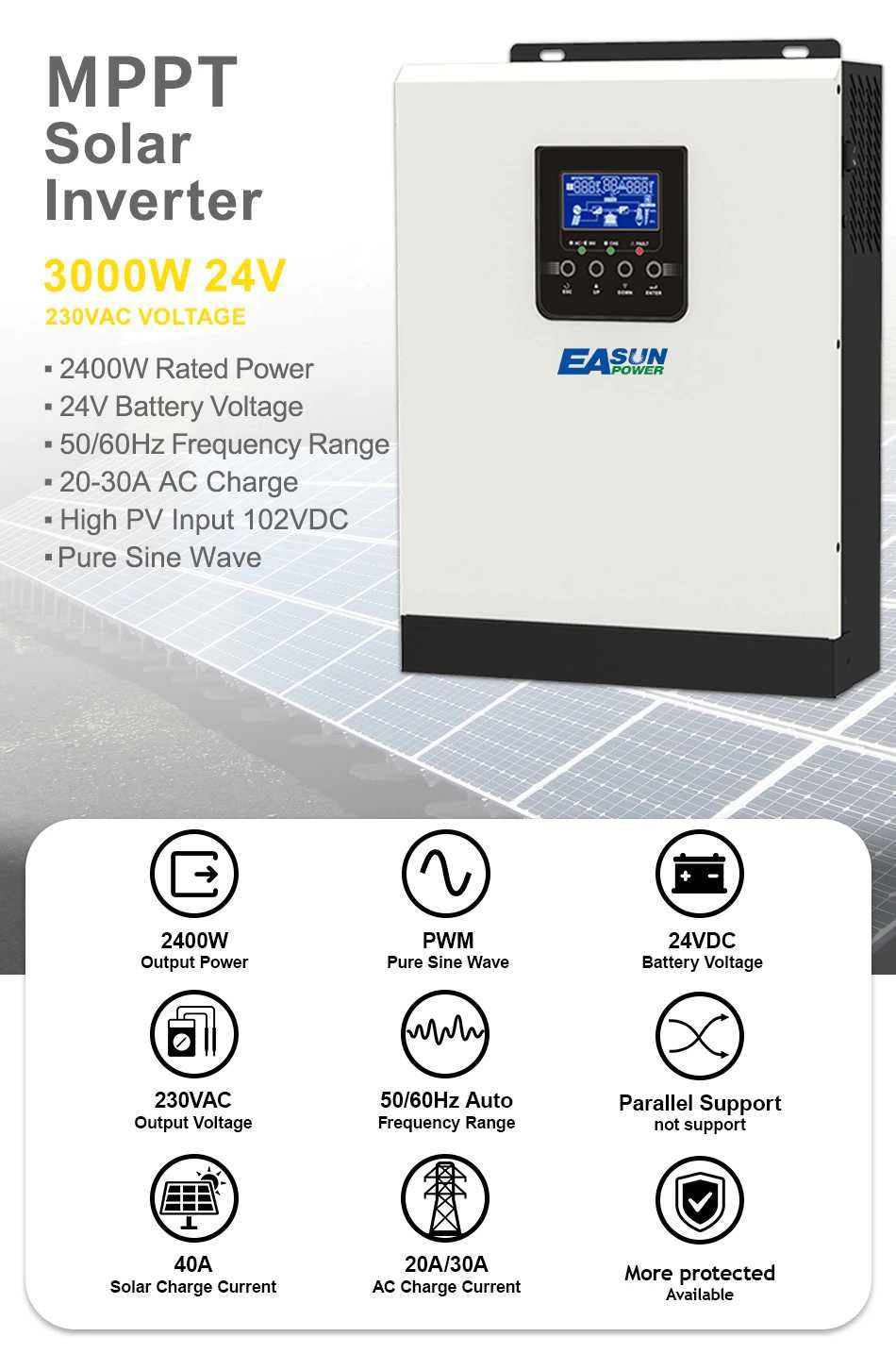 3KVA 24V 2400W Solar Charger Inverter Hybrid  220v Pure Sine Wave ANRE