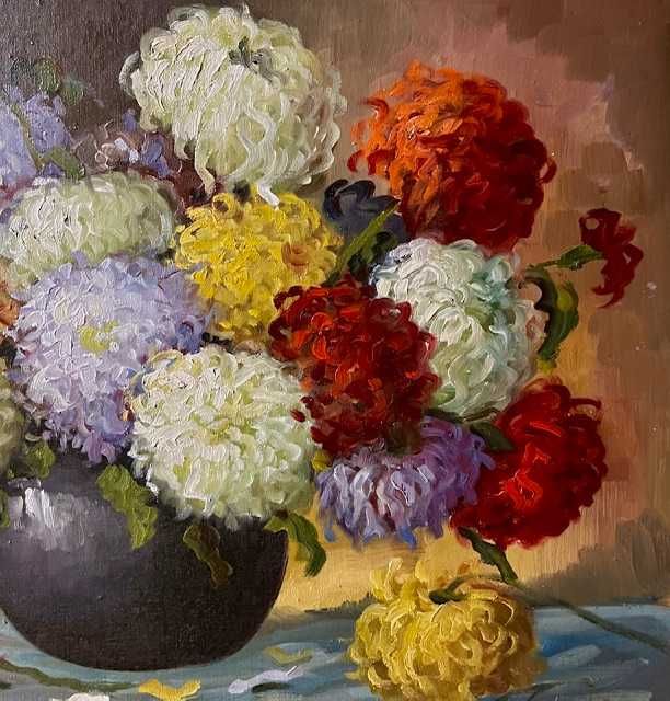 CONSTION-”Crizanteme” Tablou AUTENTIC, Vechi, ul/pză/cart, 70x50cm+ram