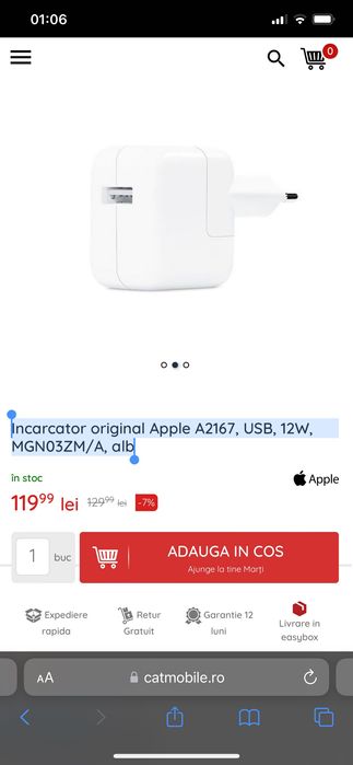 Incarcator original Apple A2167, USB, 12W, MGN03ZM/A, alb