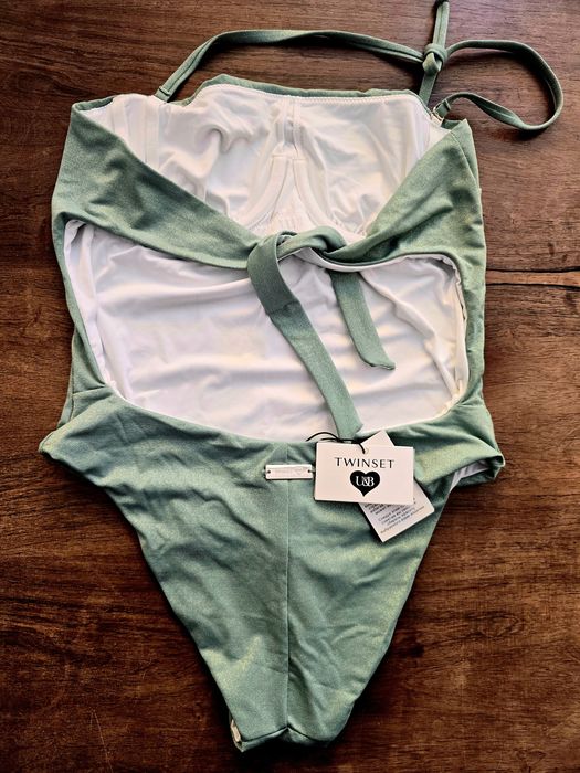 Цял бански Twinset, зелен люрекс, XS/S, S/М,метално лого,ново с етикет