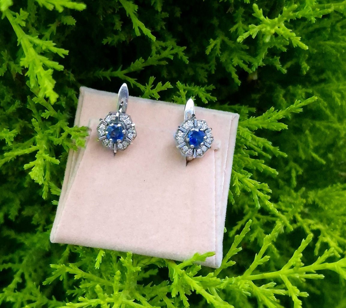 Cercei din aur de 18K cu diamante naturale și safire naturale