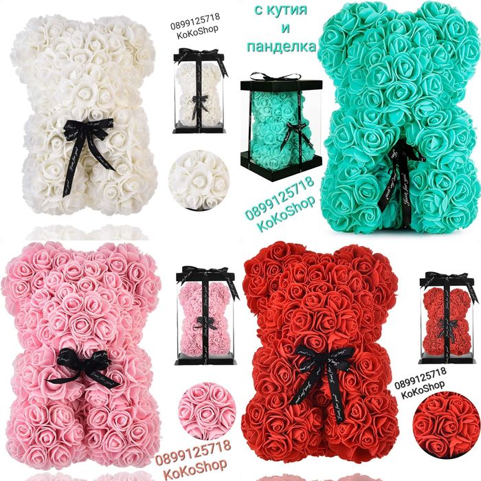 Мече от рози с кутия-25 см/червено мече от рози/розово мече от рози/