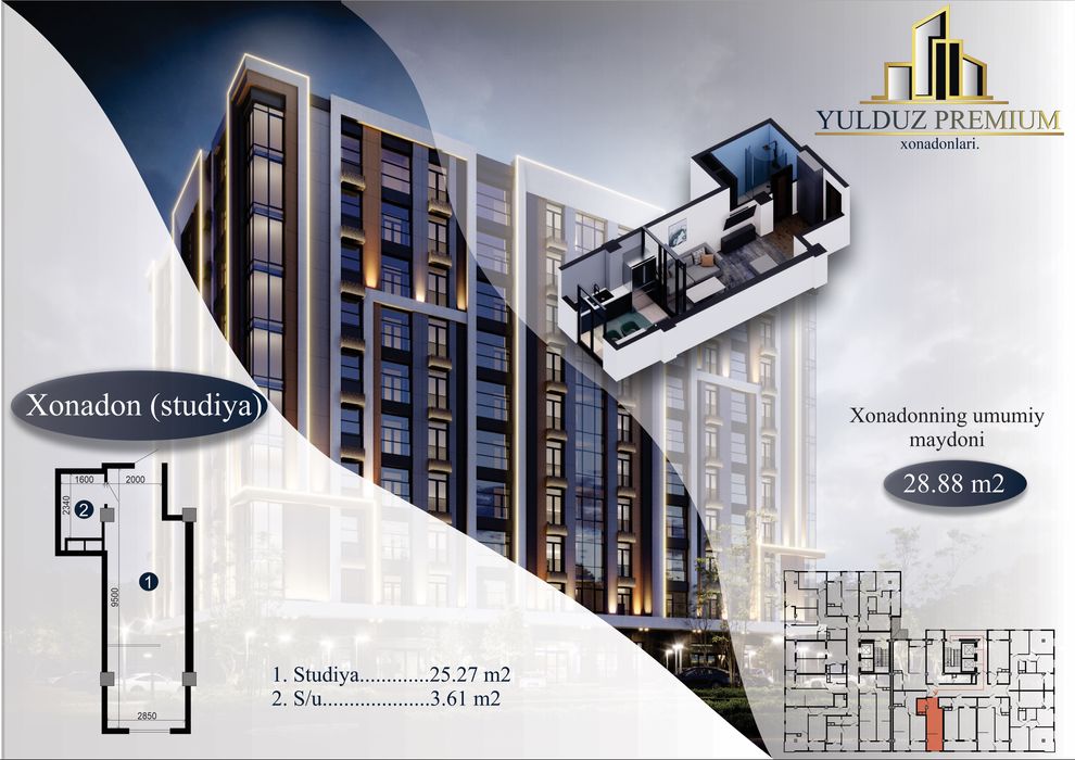 Трёхкомнатная квартира в жилом комплексе YULDUZ premium