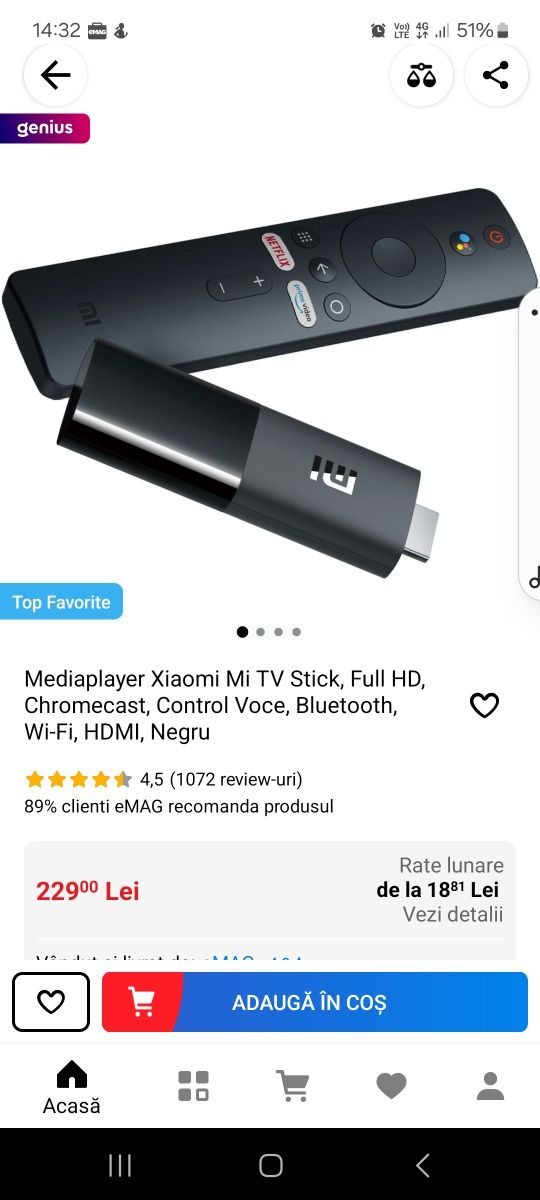 Mediaplayer Xiaomi Mi TV Stick, Full HD, Chromecast, Control Voce, Blu