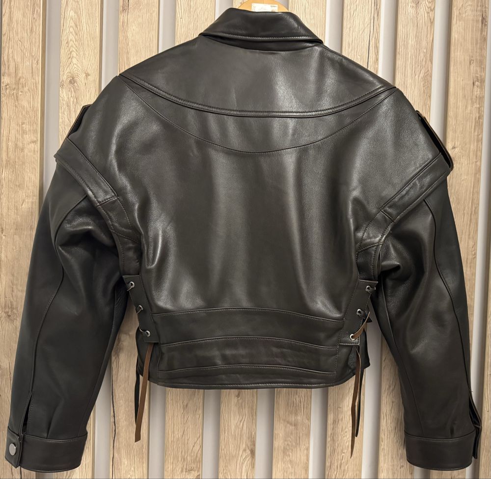 Geaca din piele naturală, aspect vintage, oversized, maneci detasabile