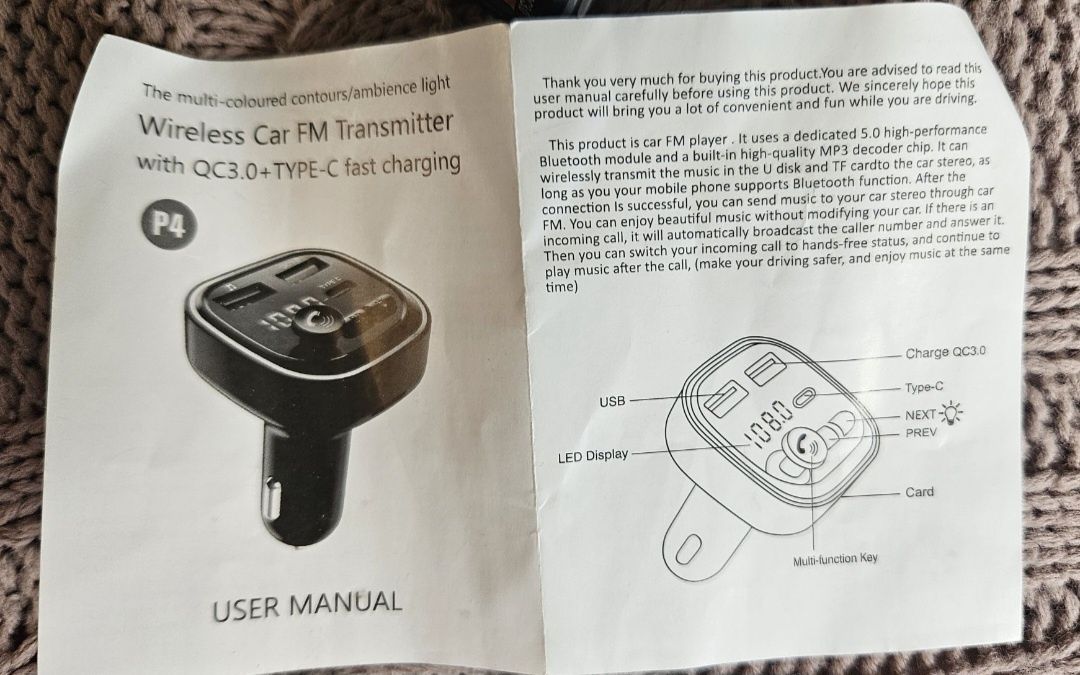 Нов Wireless Car FM Трансмитер за кола с Bluetooth, Type C Fast