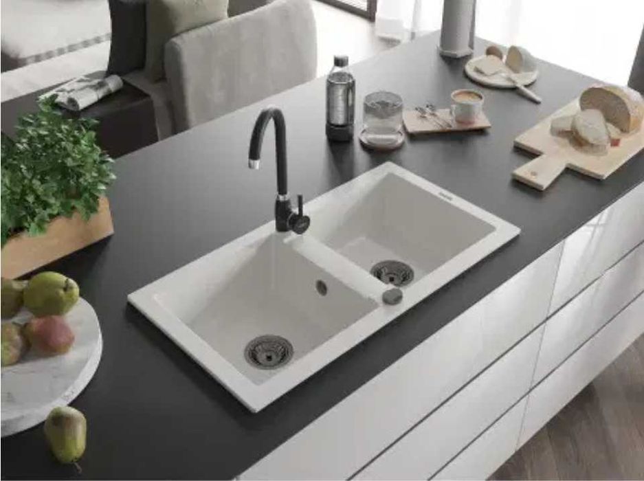 Chiuvetă granit dublă MEXEN Mario 820×436 mm cu sifon – alb