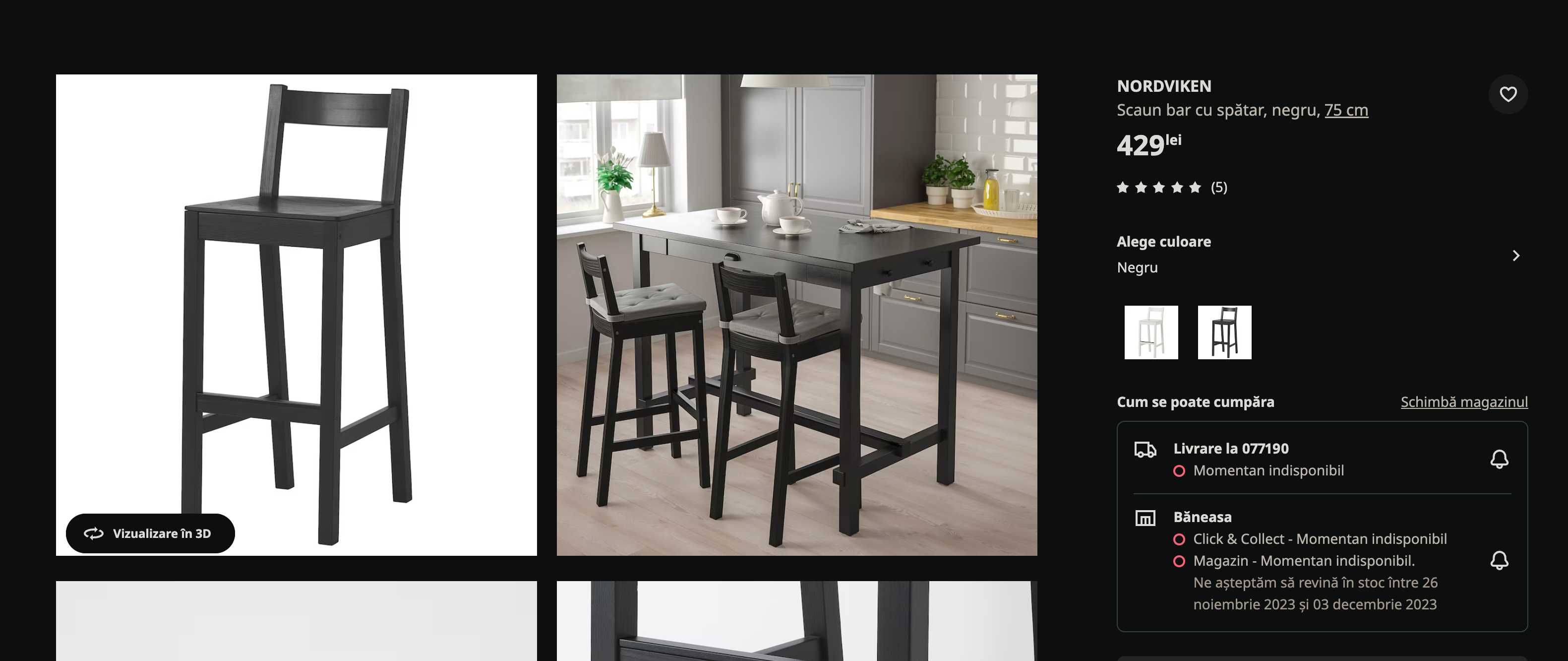 Scaun bar negru Ikea 75cm, perfectă stare