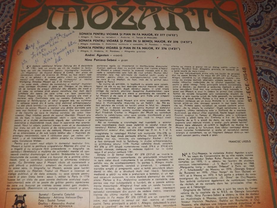 Vinil de colectie-W.A.Mozart-Sonate pentru vioara si pian