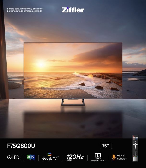 Телевизоры ZIFFLER 75 4K Qled 120hz Smart Google Tv Доставка Бесплатно