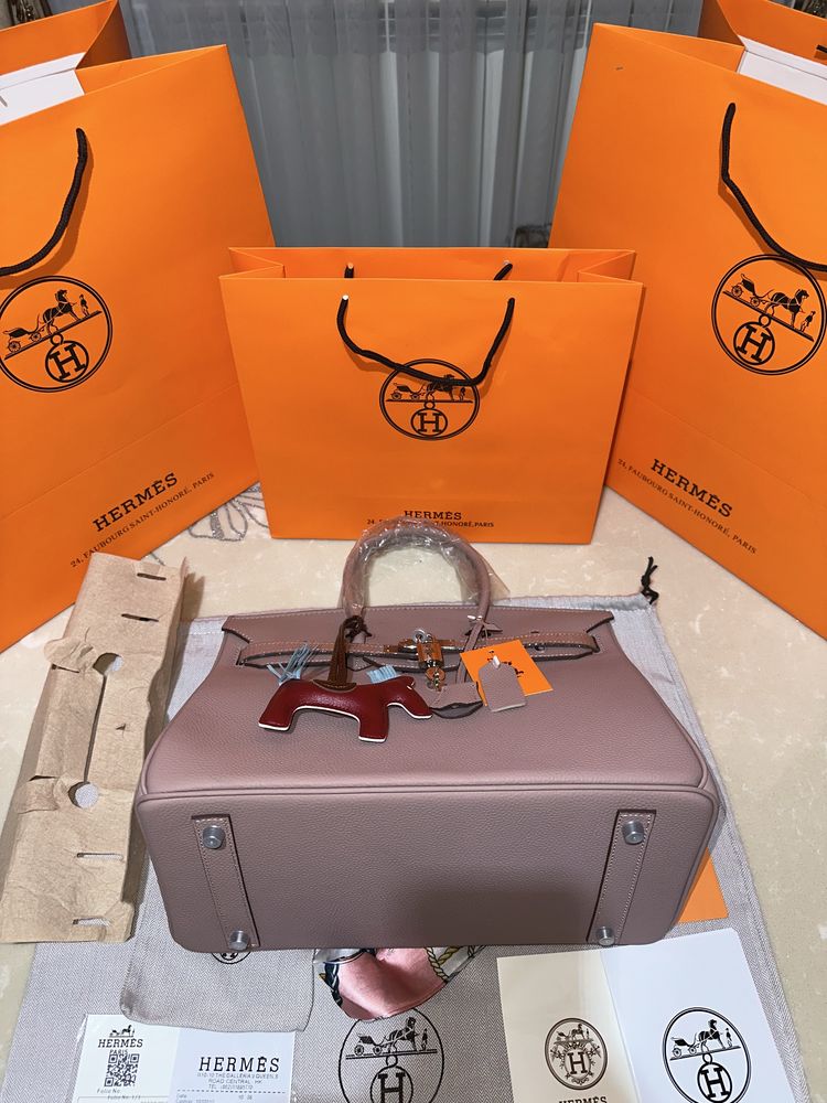 Geanta dama hermes birkin 35cm nude cu accesorii argintii cadou c:30