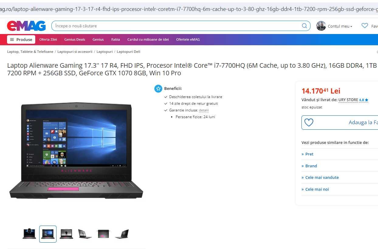 Laptop gaming Alienware 17" ,intel core i7-7820hk ,video 8 GB, ram 32