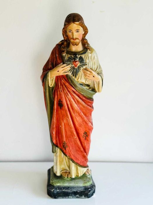 Veche statuetă din ceramică pictată manual Isus Mantuitorul