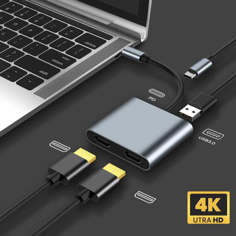 Adaptor convertor USB-C la HDMI + HDMI + USB 3.0 + PD laptop, telefon