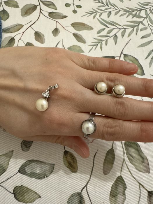 серебряный набор с натуральным жемчугом - комплект из 3 изделий