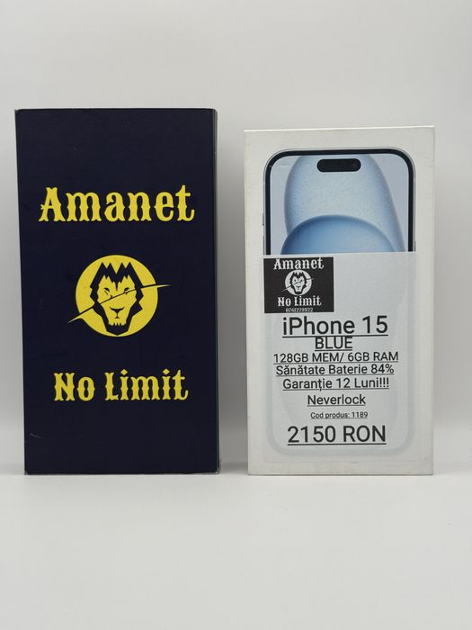 iPhone 15 Blue 128GB Baterie 84% Garantie 12 Luni , AMANET NO LIMIT.