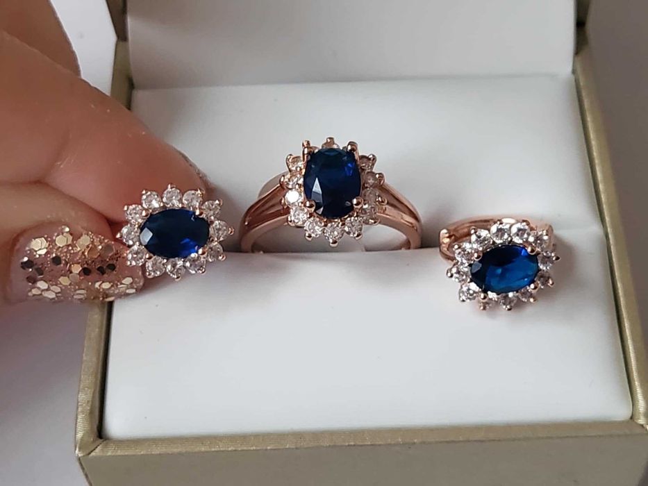 GR72, inel placat cu aur 18k,nou/marcat, stil epoca,zirconiu alb/safir