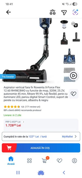 Aspirator Rowenta X-Force Flex 12.60 Aqua, 0.9 l, Autonomie 45 minute