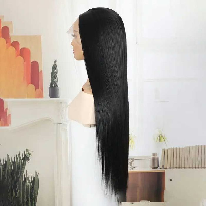 80 см Дантелена черна права перука от висококачествен синтетичен косъм