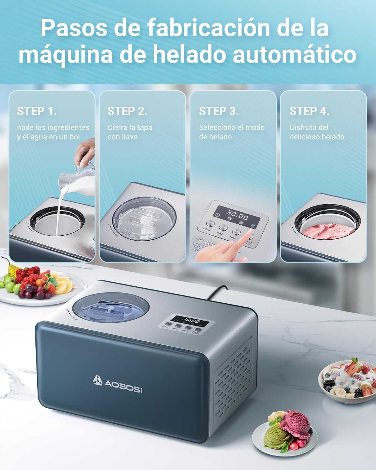 Машина за сладолед Aobosi 1.5L Мощен компресор за бърз сладолед 150W