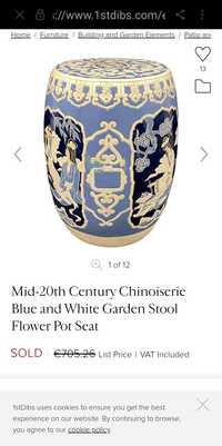 Taburet scaun ceramic,decor alb albastr