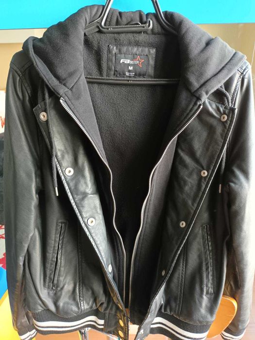 дамско яке с качулка - изкуствена кожа + плат