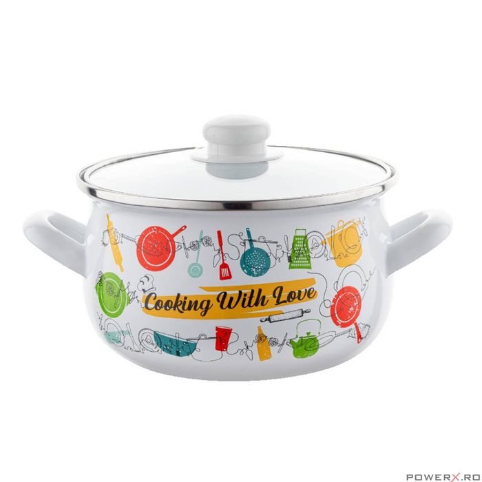 Oala cu capac din sticla, otel carbon, emailata, alba, 22cm, 5.3l,
