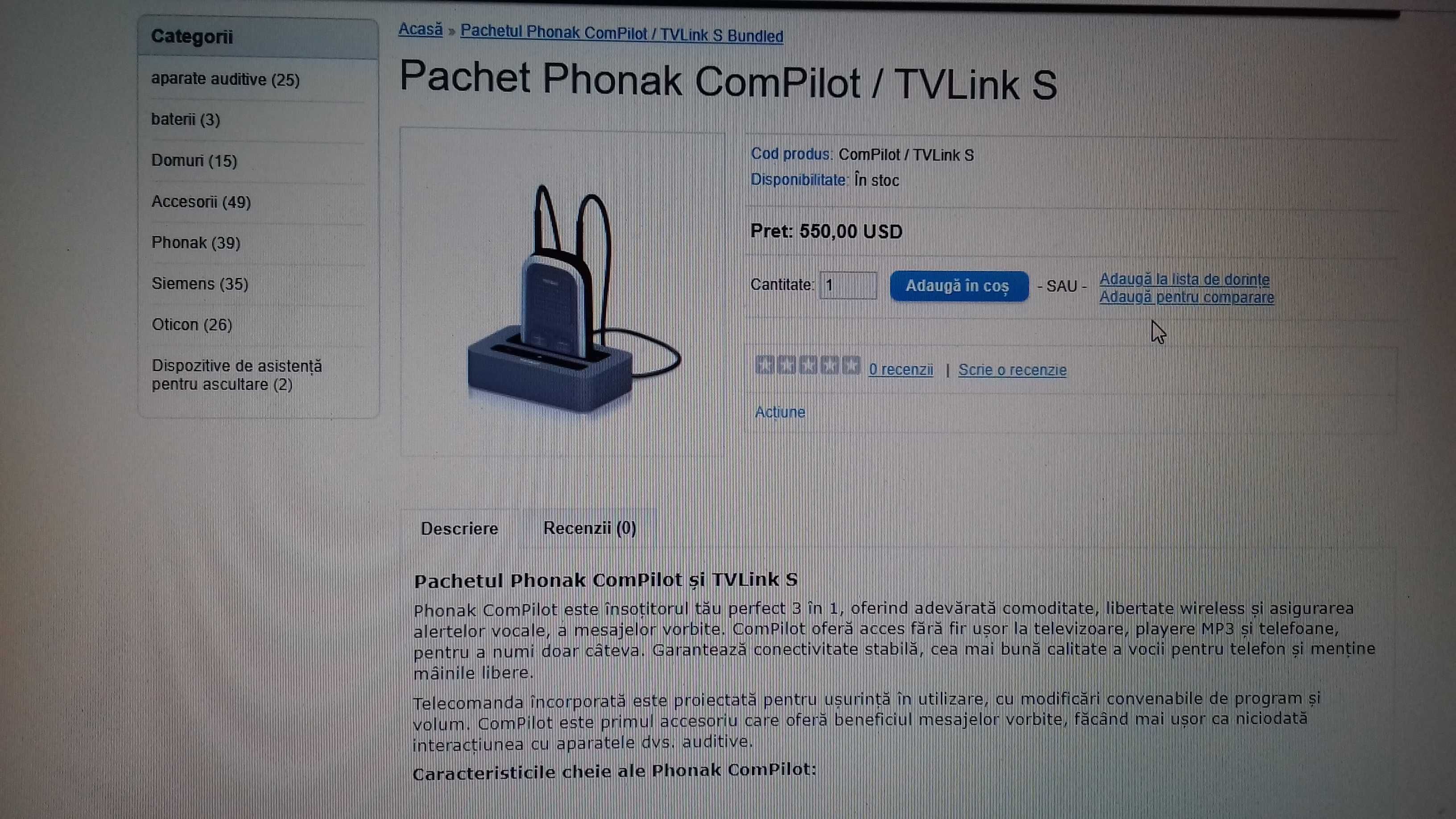 Set   Phonak Com Pilot / Phonak TV Link 2 -nou i functi. / TELECOMENZI