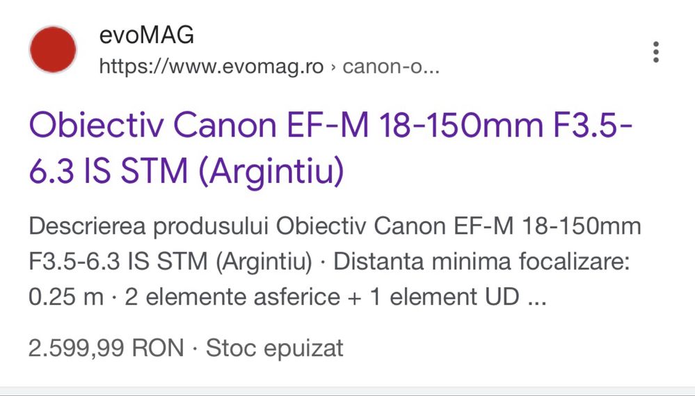 Obiectiv Canon EF-M 18-150mm F3.5-6.3 IS STM - ca nou, 100 cadre