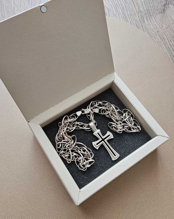 Сребърен мъжки ланец с висулка – кръст (925)