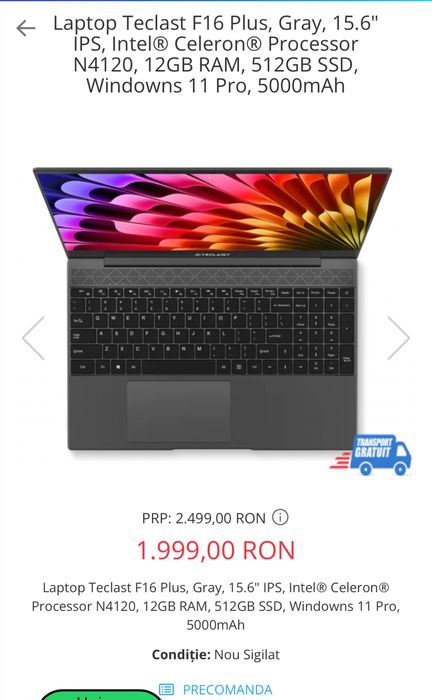 Laptop Teclast F16 Plus, Gray,15.6",12gb Ram,512gbssd, Sigilat, OFERTA