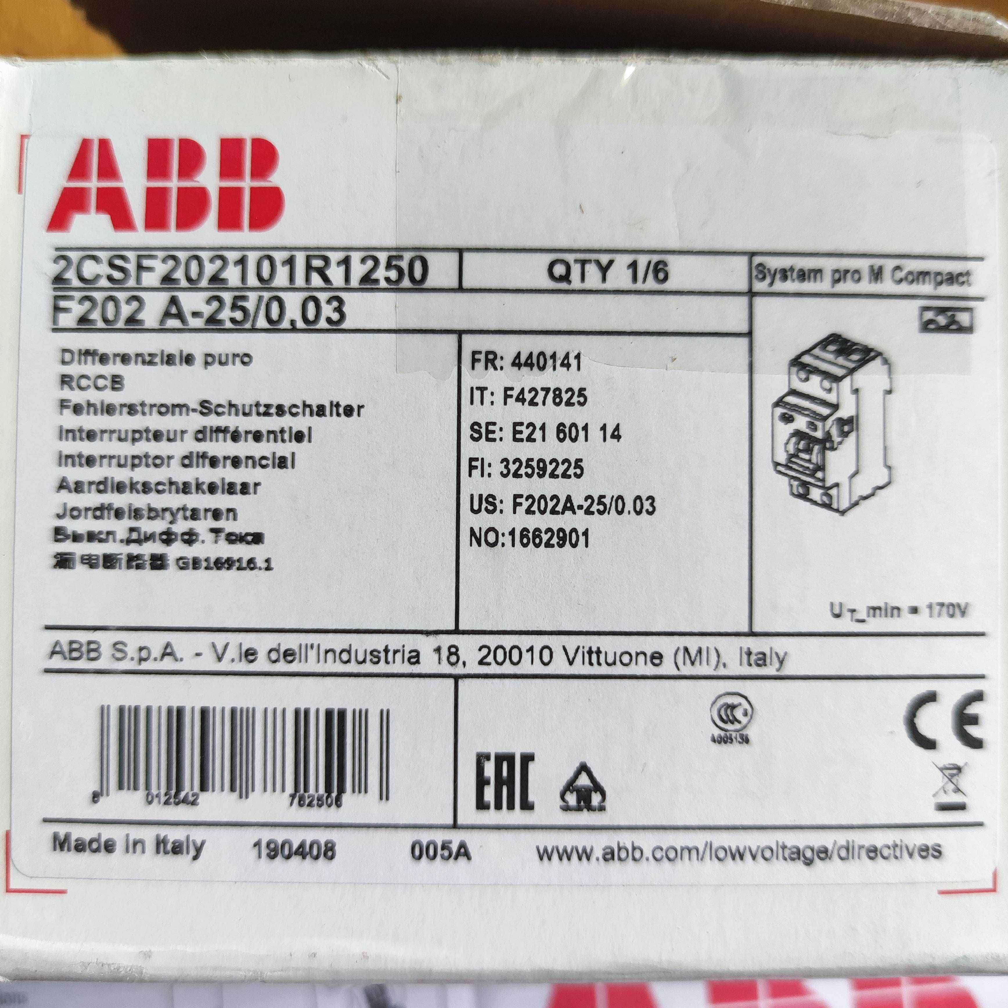 Дефектнотокова защита ABB 2P тип AC 25 A, 30 mA, 10 kA, F202 A-25/0.03