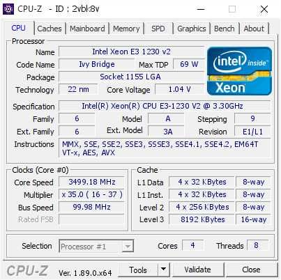Xeon E3-1230 v2 socket [1155]. 4 ядра / 8 потоков (3770)