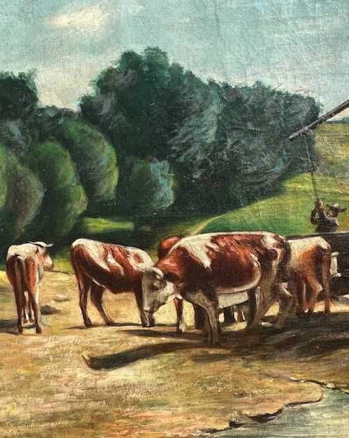 Tablou f VECHI, 110 ani ”Vaci la adăpat”, ul/pz, 80x60cm+R, semn-datat