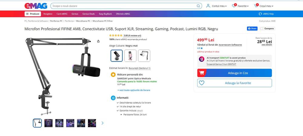 Microfon Profesional FIFINE XLR Brat Articular+RGB, REDUS de la 499RON