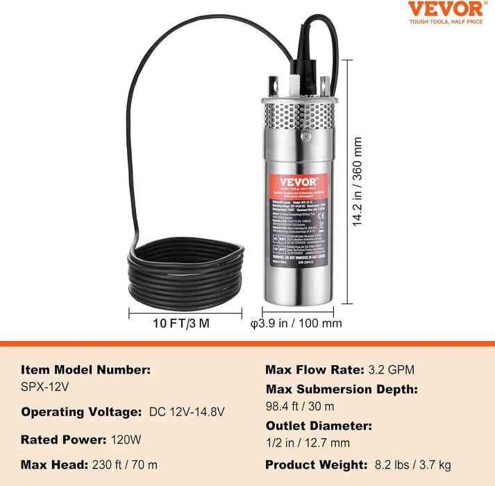 Pompă de apă solară VEVOR, 12 V DC 120 W pompă submersibilă puț adânc